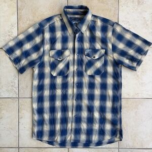 Dixxon Shirt Men's Medium Blue Plaid Short Sleeve Pearl Snap Lightweight Western